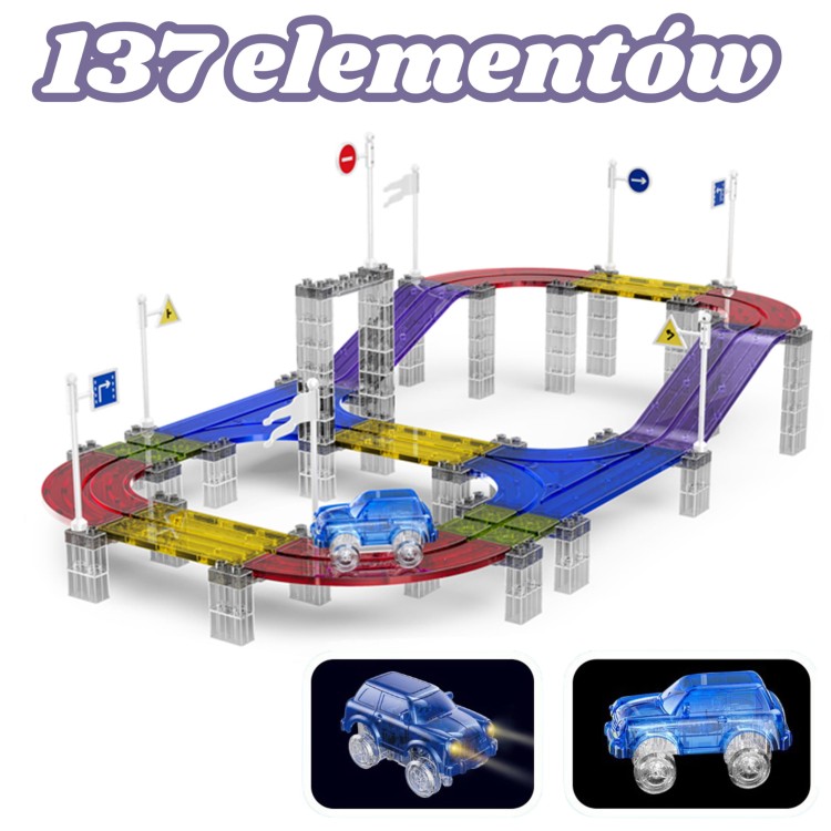 Magnetyczny Tor Samochodowy Wyścigowy + Autko 137 El.