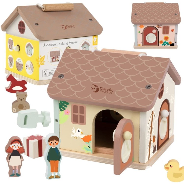 Drewniany Domek Sensoryczny Edukacyjny z Zamkami Kluczykami 11el.