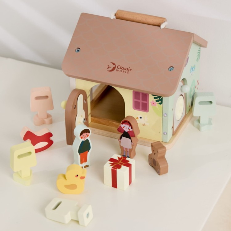 Drewniany Domek Sensoryczny Edukacyjny z Zamkami Kluczykami 11el.