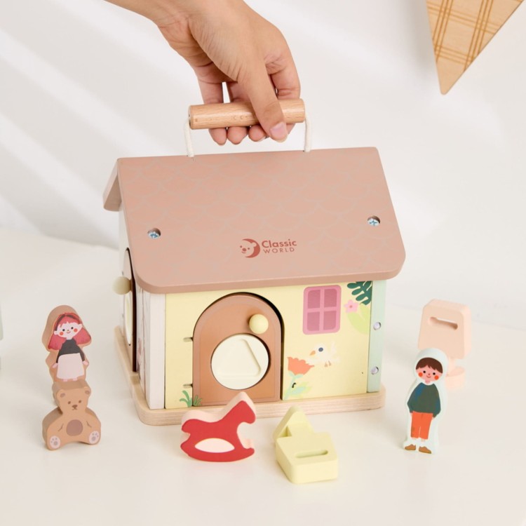 Drewniany Domek Sensoryczny Edukacyjny z Zamkami Kluczykami 11el.