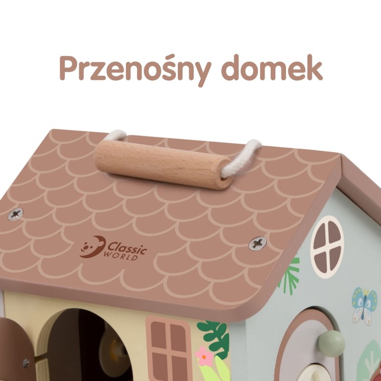 Drewniany Domek Sensoryczny Edukacyjny z Zamkami Kluczykami 11el.