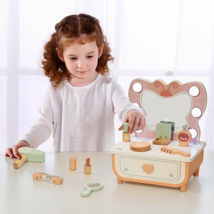 TOOKY TOY Drewniana Toaletka Motylek Akcesoria Lustro z Oświetleniem LED + Kosmetyki