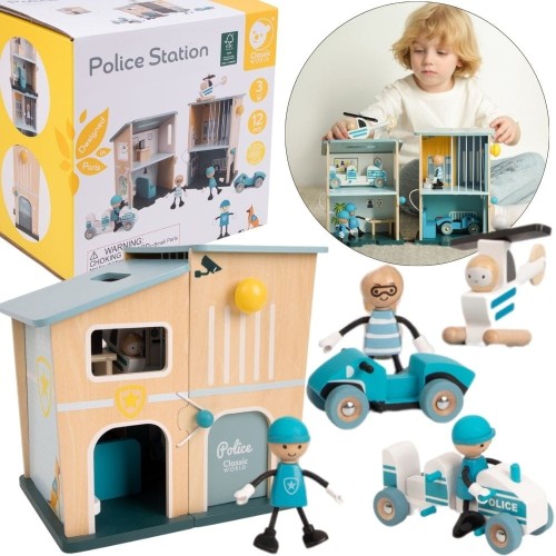 Posterunek Policji Drewniany Samochód Helikopter FIgurki 12el.