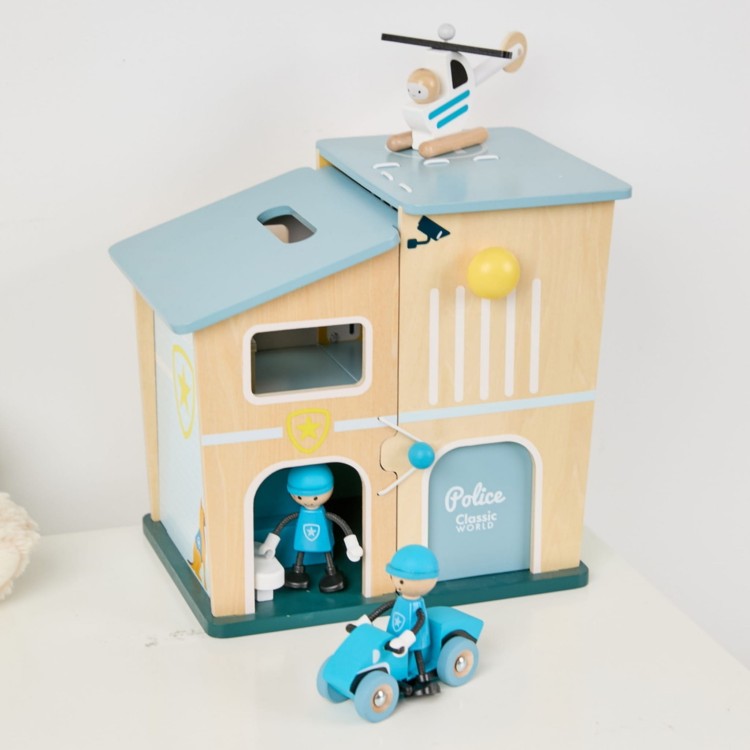 Posterunek Policji Drewniany Samochód Helikopter FIgurki 12el.