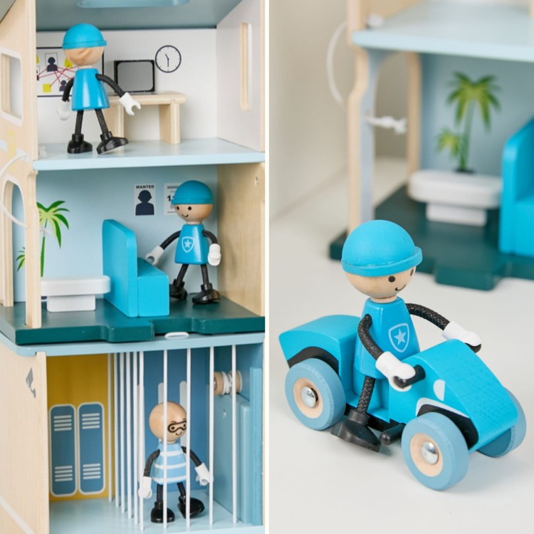 Posterunek Policji Drewniany Samochód Helikopter FIgurki 12el.