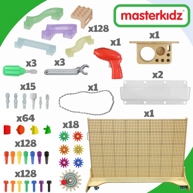 MASTERKIDZ Wolnostojąca Ściana STEM + Akcesoria Kołki Tace Klocki Narzędzia