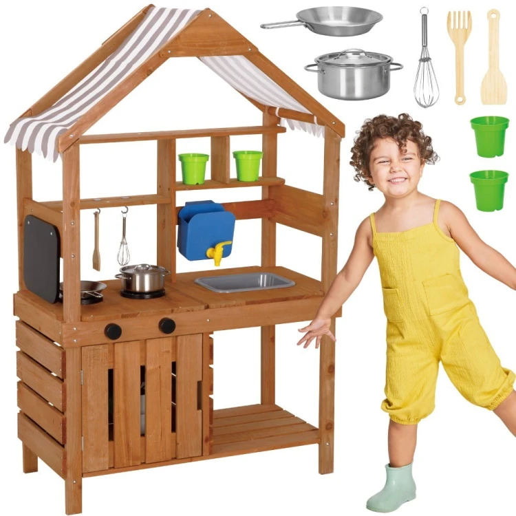 WOOPIE GREEN Kuchnia Drewniana Ogrodowa Błotna z Daszkiem Zlewem Kranem