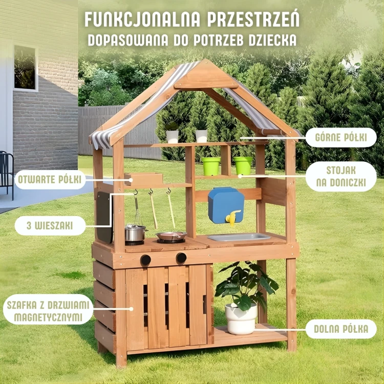 WOOPIE GREEN Kuchnia Drewniana Ogrodowa Błotna z Daszkiem Zlewem Kranem