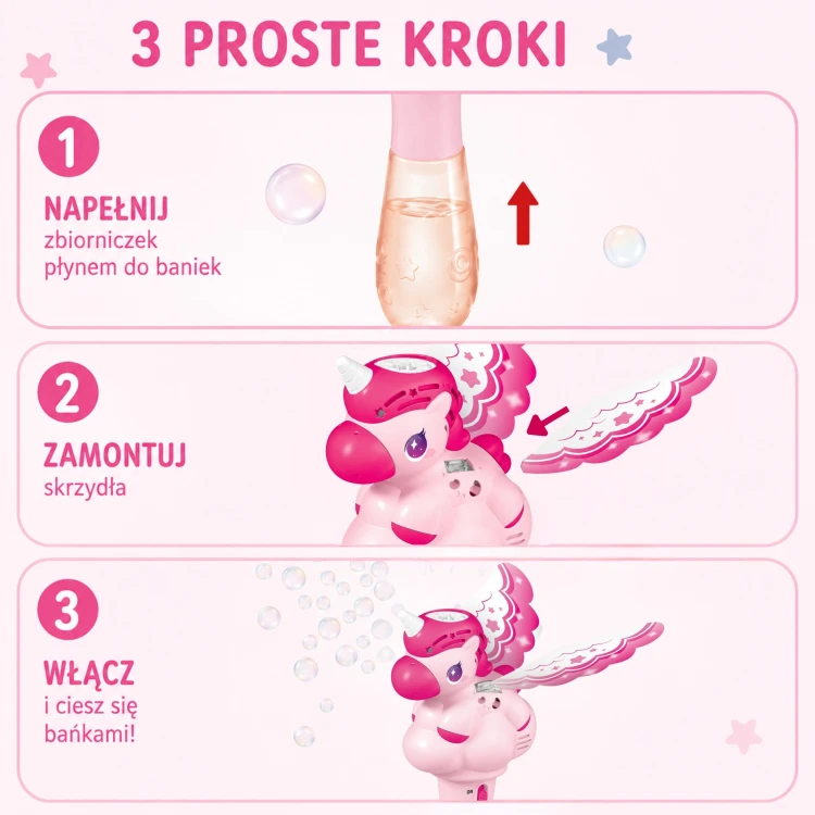 WOOPIE Maszynka do Baniek Jednorożec Pistolet Automat Bańki Mydlane Różdżka