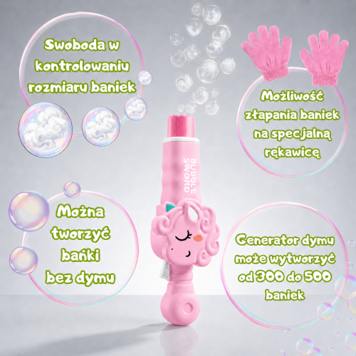 WOOPIE Magiczny Pistolet Na Bańki z Dymem Maszynka Do Baniek Jednorożec