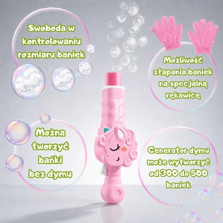 WOOPIE Magiczny Pistolet Na Bańki z Dymem Maszynka Do Baniek Jednorożec