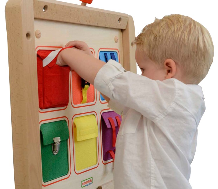 MASTERKIDZ Drewniana Tablica Manipulacyjna Ścienna Flex Kolorowe Kieszonki Klamry i Rzepy