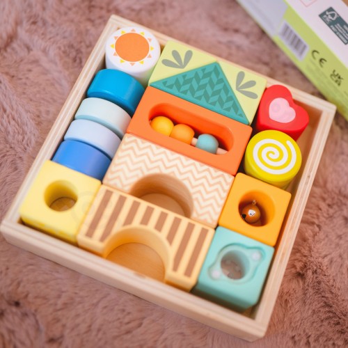 CLASSIC WORLD Drewniane Klocki Sensoryczne 7 Funkcji Układanka Multifunkcyjna Kształty Dźwięk MONTESSORI 14 el.