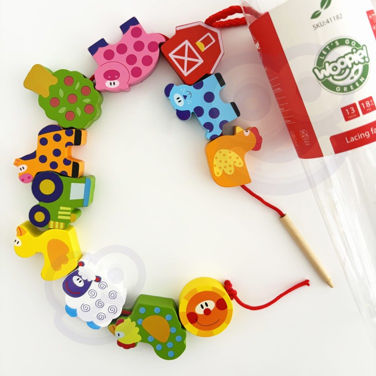 WOOPIE GREEN Drewniane Klocki do Nawlekania Zwierzęta Farma 13 el.