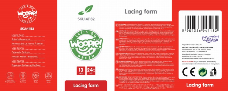 WOOPIE GREEN Drewniane Klocki do Nawlekania Zwierzęta Farma 13 el.