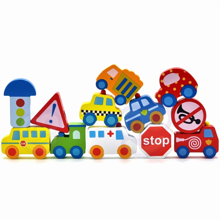 WOOPIE GREEN Drewniane Klocki do Nawlekania Pojazdy Samochody 13 el.