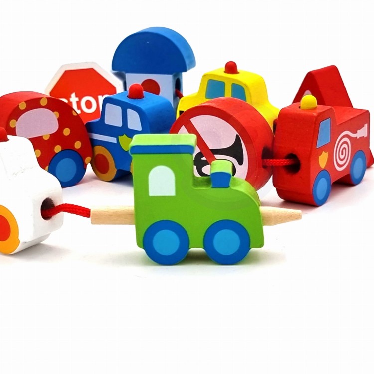 WOOPIE GREEN Drewniane Klocki do Nawlekania Pojazdy Samochody 13 el.