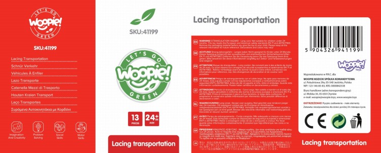 WOOPIE GREEN Drewniane Klocki do Nawlekania Pojazdy Samochody 13 el.