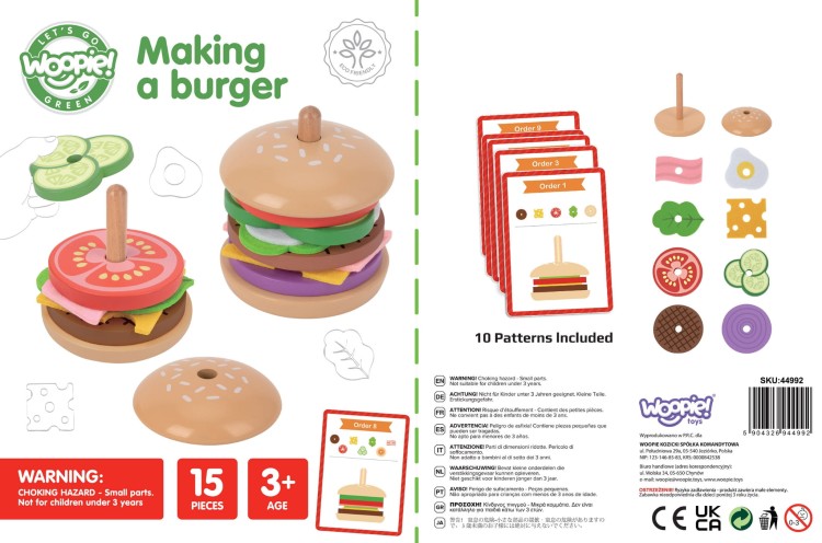 WOOPIE GREEN Drewniany Burger Restauracja Układanka dla Dzieci 15 el. Certyfikat FSC