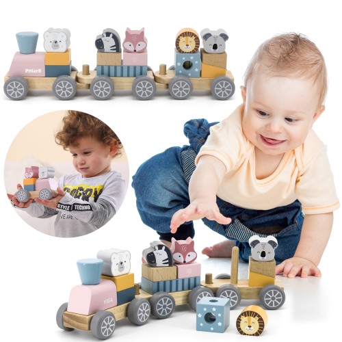 VIGA PolarB Drewniana Kolejka z wagonikami i zwierzątkami do ciągnięcia Montessori