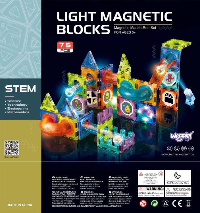 WOOPIE Klocki Magnetyczne Tor Kulkowy Świetlny 75 el.