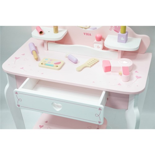 VIGA Duża Toaletka Drewniana Biało-Różowa z Lustrem i Krzesełkiem