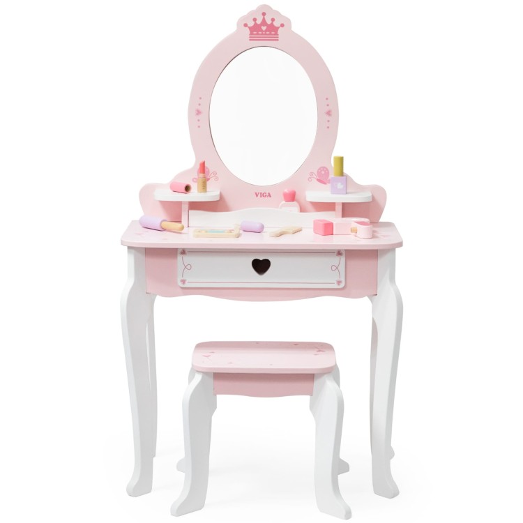 VIGA Duża Toaletka Drewniana Biało-Różowa z Lustrem i Krzesełkiem