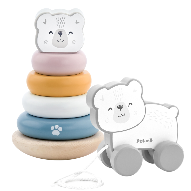 Zestaw Miś Polarny Drewniana Piramidka + Miś Polarny do Ciągnięcia VIGA PolarB