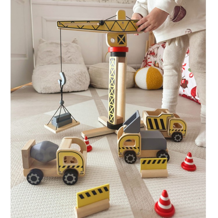 WOOPIE GREEN Drewniany Plac Budowy 5w1 Ruchomy Dźwig XXL Pojazdy Budowlane 13 el. FSC