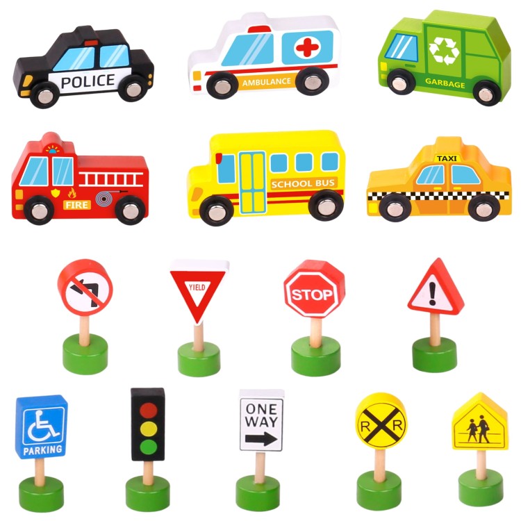 Zestaw Drewnianych Pojazdów i Znaków Drogowych 15 el. WOOPIE