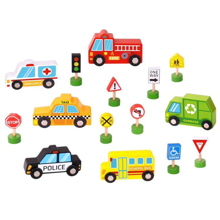 Zestaw Drewnianych Pojazdów i Znaków Drogowych 15 el. WOOPIE