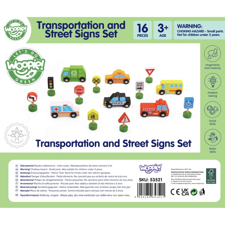 Zestaw Drewnianych Pojazdów i Znaków Drogowych 15 el. WOOPIE