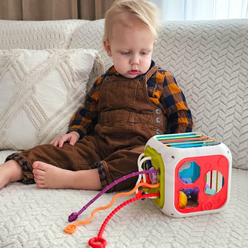 Elastyczna Kostka Sensoryczna Sorter dla Dzieci Zwierzątka + Grzechotka 7 el. WOOPIE BABY