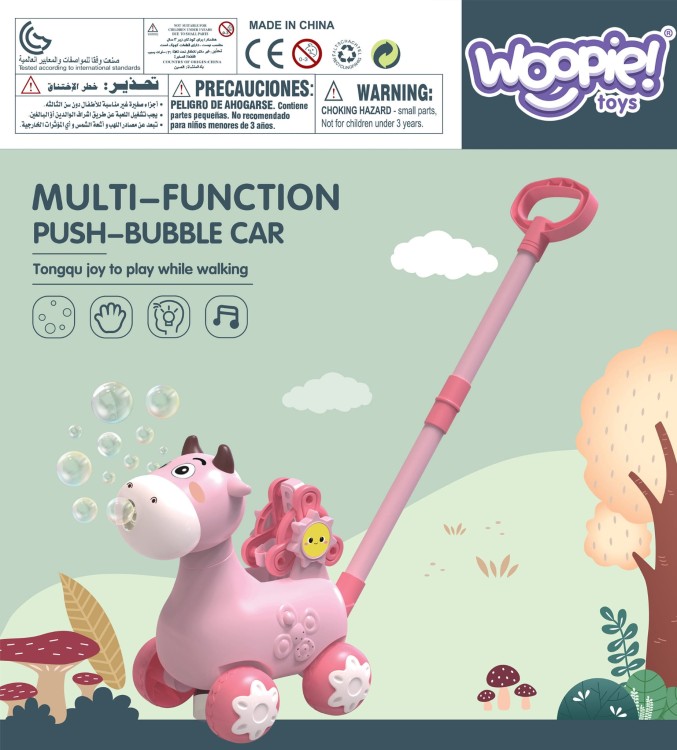 Pchacz Krówka do Pchania z Dźwiękiem i Bańkami Mydlanymi Różowa