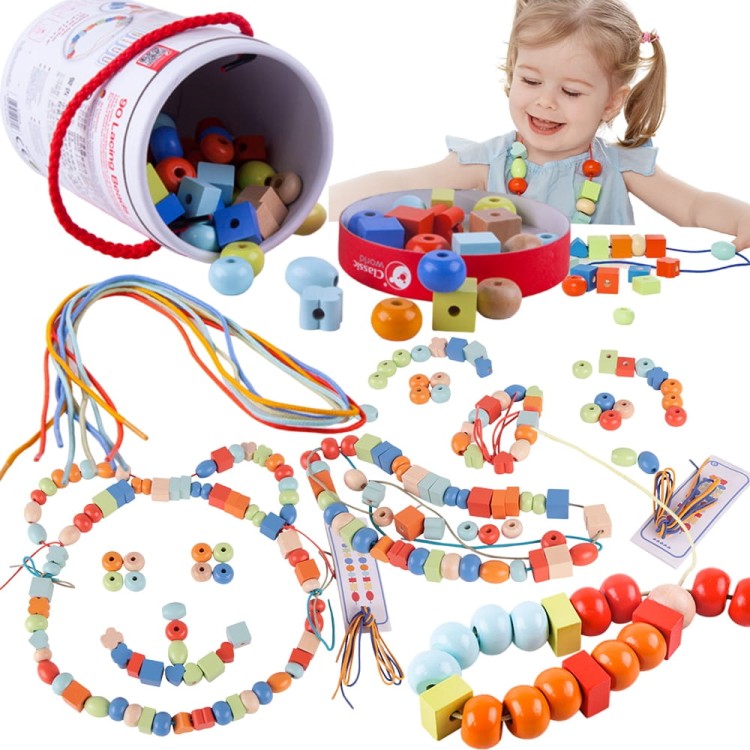 Drewniane Koraliki do Nawlekania 96 el. – Classic World Montessori