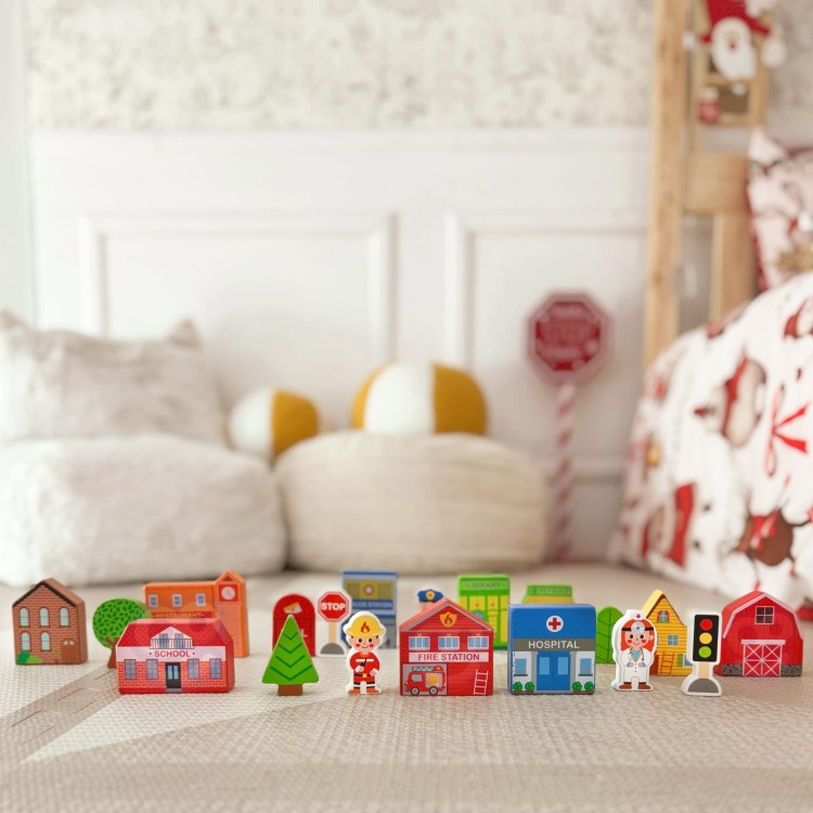 Drewniany Zestaw Budynków i Figurek Miasto – TOOKY TOY | Zabawka Montessori