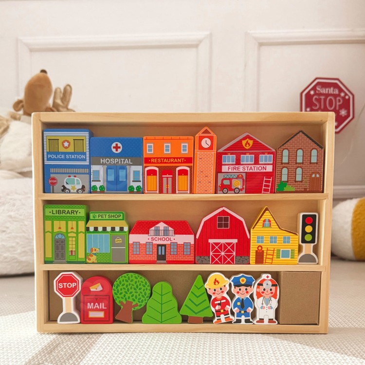 Drewniany Zestaw Budynków i Figurek Miasto – TOOKY TOY | Zabawka Montessori