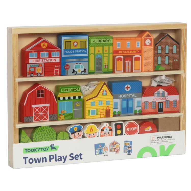 Drewniany Zestaw Budynków i Figurek Miasto – TOOKY TOY | Zabawka Montessori