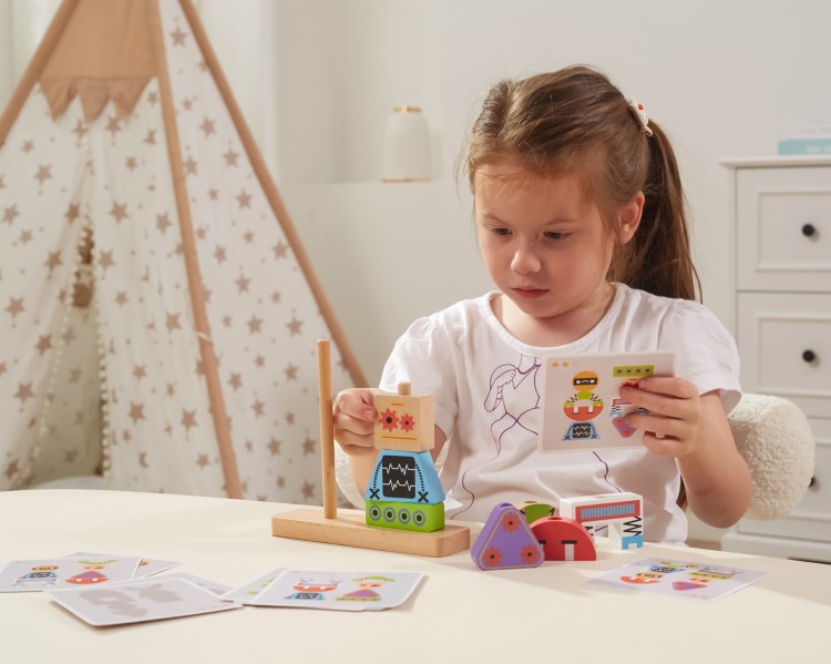 Układanka Drewniana Piramidka Roboty z Kartami Wzorów 8 el. – VIGA | Zabawa i Nauka w Stylu Montessori