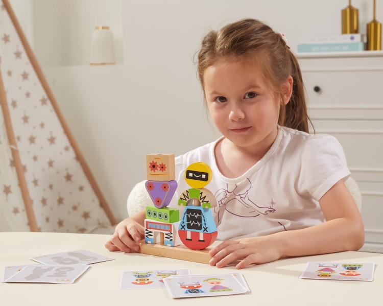 Układanka Drewniana Piramidka Roboty z Kartami Wzorów 8 el. – VIGA | Zabawa i Nauka w Stylu Montessori