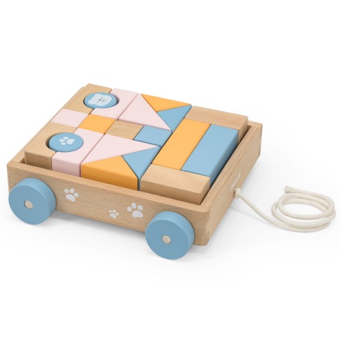 Drewniany Wózek do Ciągnięcia z Klockami 21 el. | VIGA Montessori