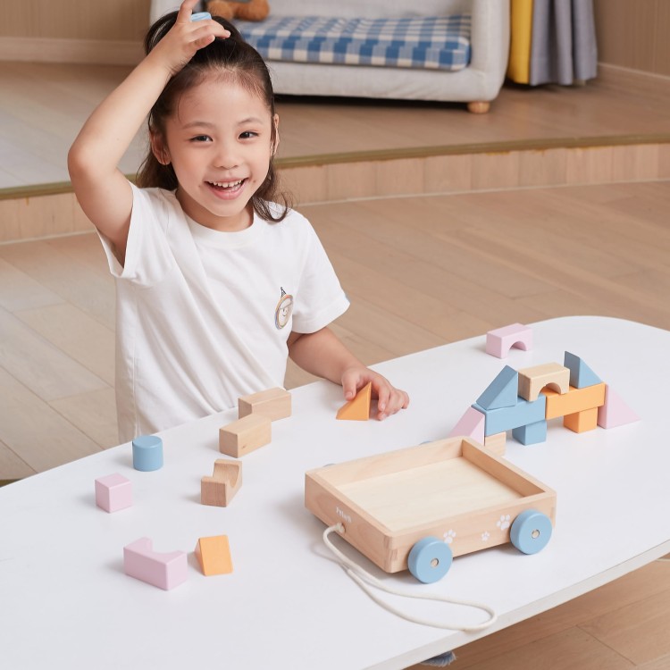 Drewniany Wózek do Ciągnięcia z Klockami 21 el. | VIGA Montessori