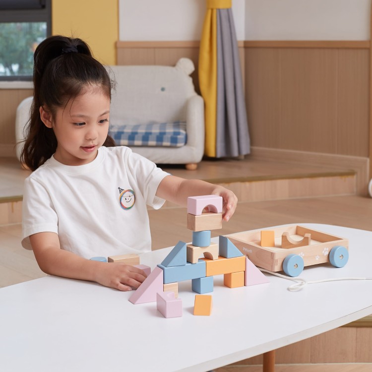 Drewniany Wózek do Ciągnięcia z Klockami 21 el. | VIGA Montessori