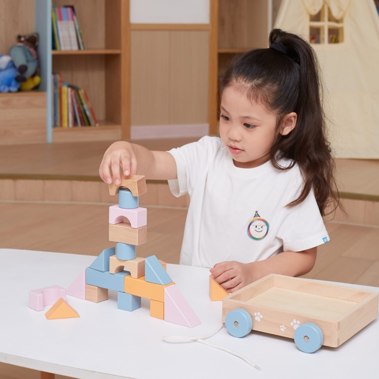 Drewniany Wózek do Ciągnięcia z Klockami 21 el. | VIGA Montessori