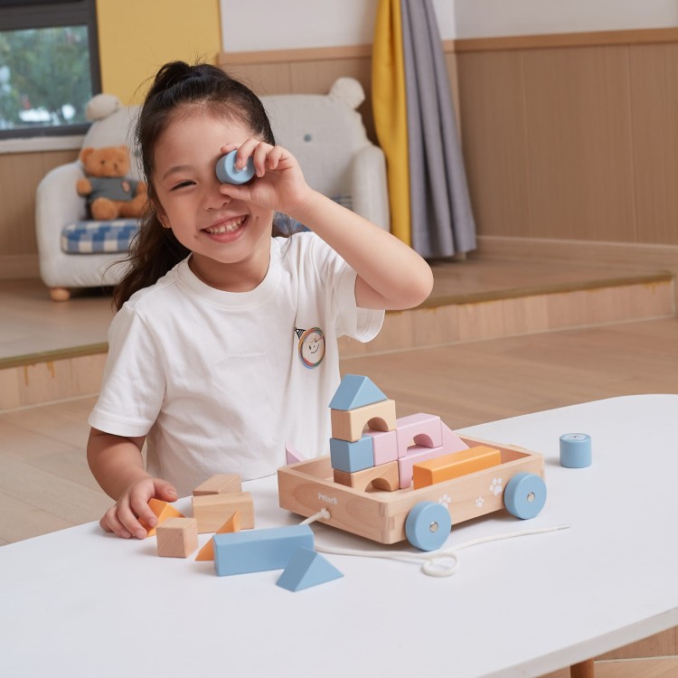 Drewniany Wózek do Ciągnięcia z Klockami 21 el. | VIGA Montessori