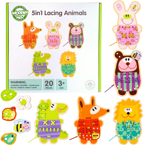 Drewniana Sznurowanka 5w1 Zwierzątka do Nawlekania | WOOPIE GREEN