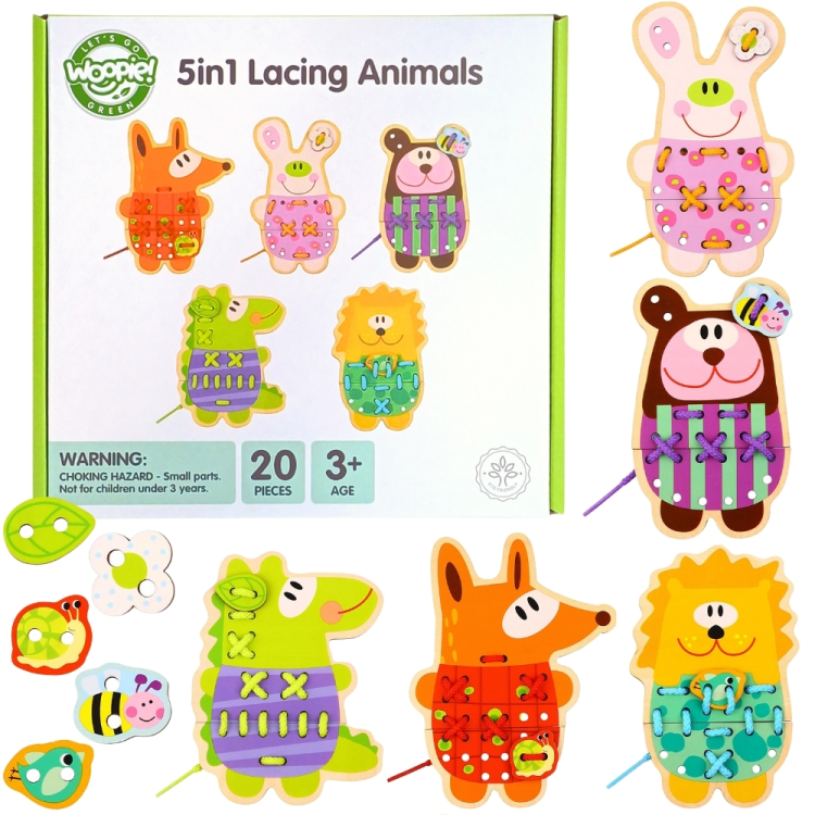 Drewniana Sznurowanka 5w1 Zwierzątka do Nawlekania | WOOPIE GREEN