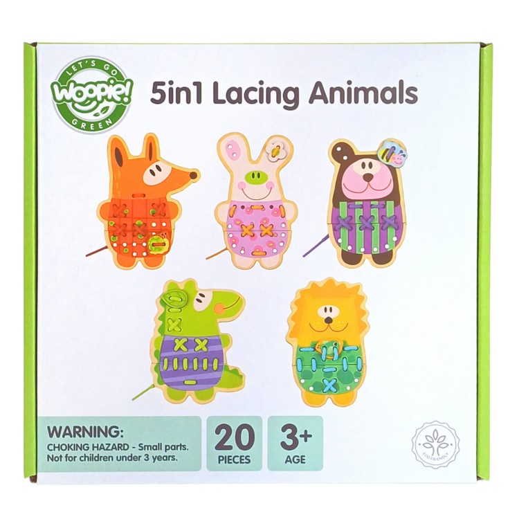 Drewniana Sznurowanka 5w1 Zwierzątka do Nawlekania | WOOPIE GREEN