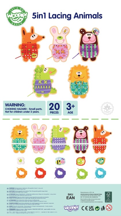 Drewniana Sznurowanka 5w1 Zwierzątka do Nawlekania | WOOPIE GREEN