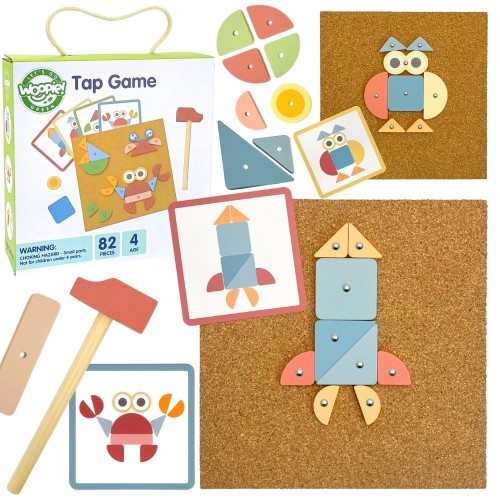 Drewniana Przybijanka z Młotkiem Układanka 20 Wzorów 82 el. | WOOPIE GREEN